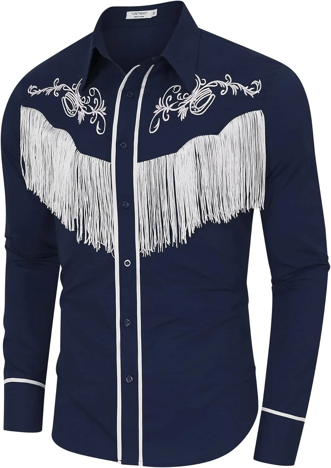 TURETRENDY Men's Western Cowboy Fringe Shirts Long Sleeve Embroidered Slim Fit Casual Button Down Shirts