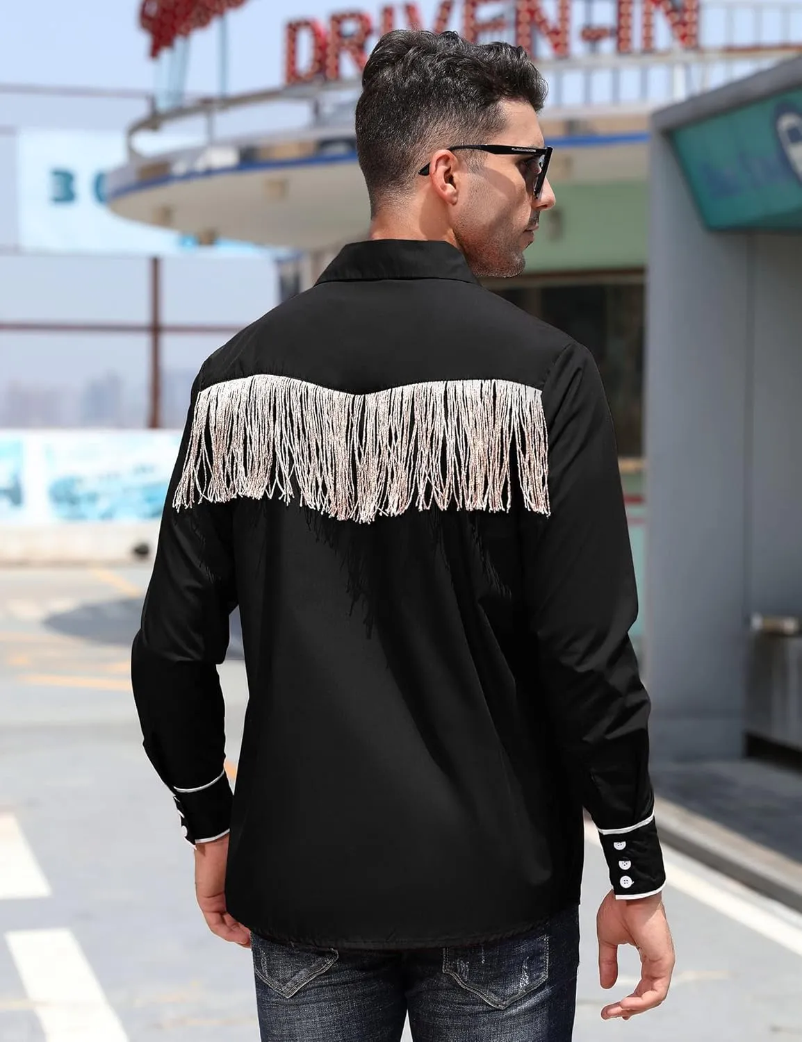 TURETRENDY Men's Western Cowboy Fringe Shirts Long Sleeve Embroidered Slim Fit Casual Button Down Shirts