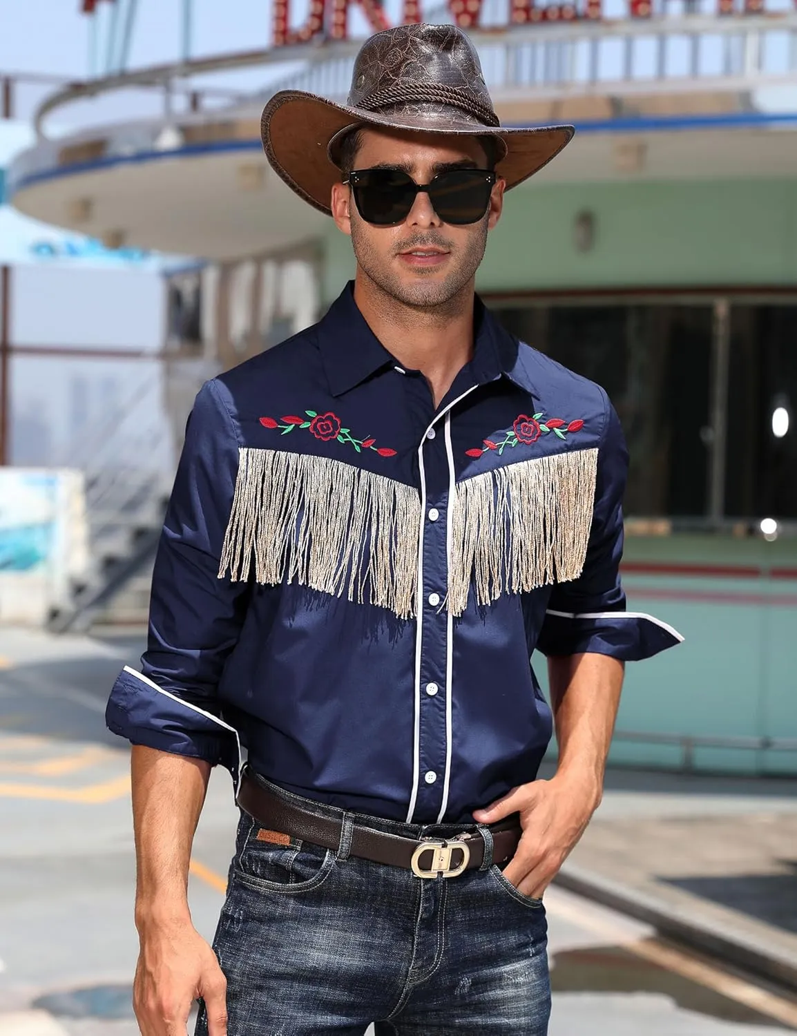 TURETRENDY Men's Western Cowboy Fringe Shirts Long Sleeve Embroidered Slim Fit Casual Button Down Shirts