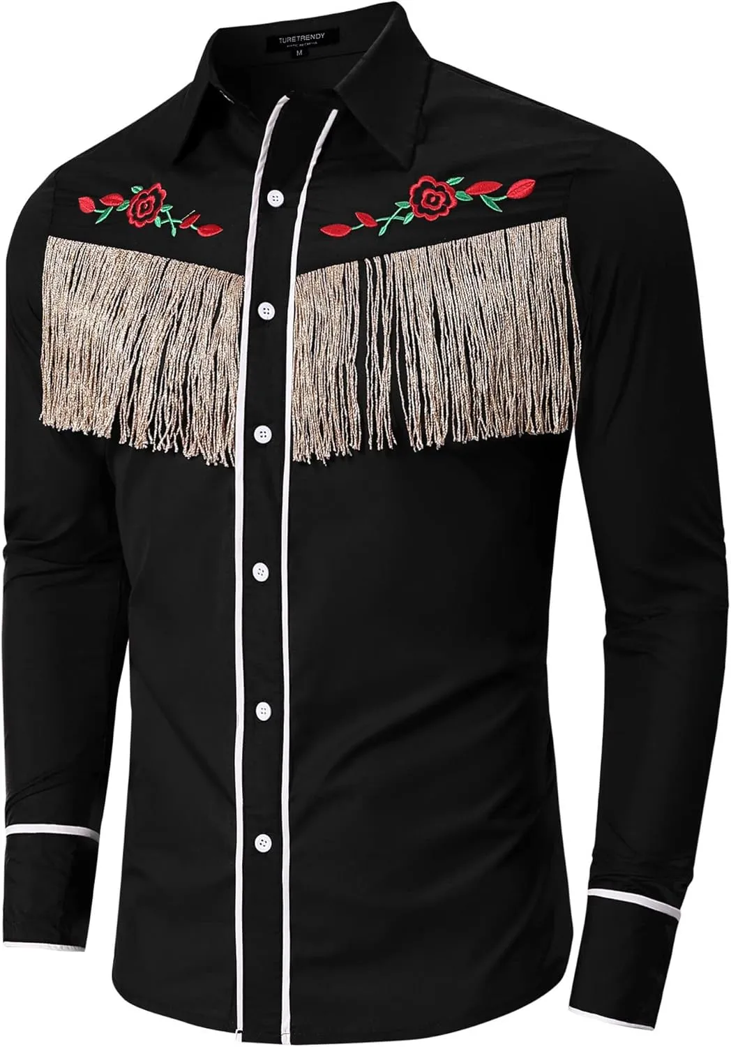 TURETRENDY Men's Western Cowboy Fringe Shirts Long Sleeve Embroidered Slim Fit Casual Button Down Shirts