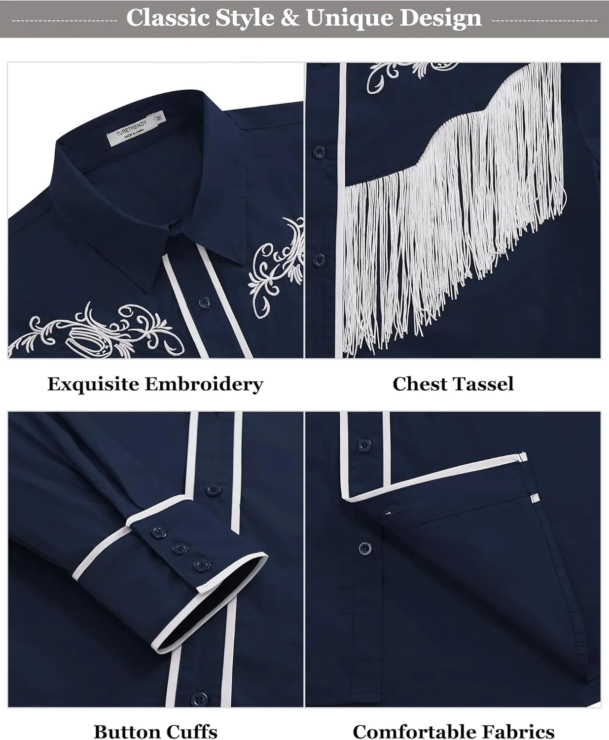 TURETRENDY Men's Western Cowboy Fringe Shirts Long Sleeve Embroidered Slim Fit Casual Button Down Shirts