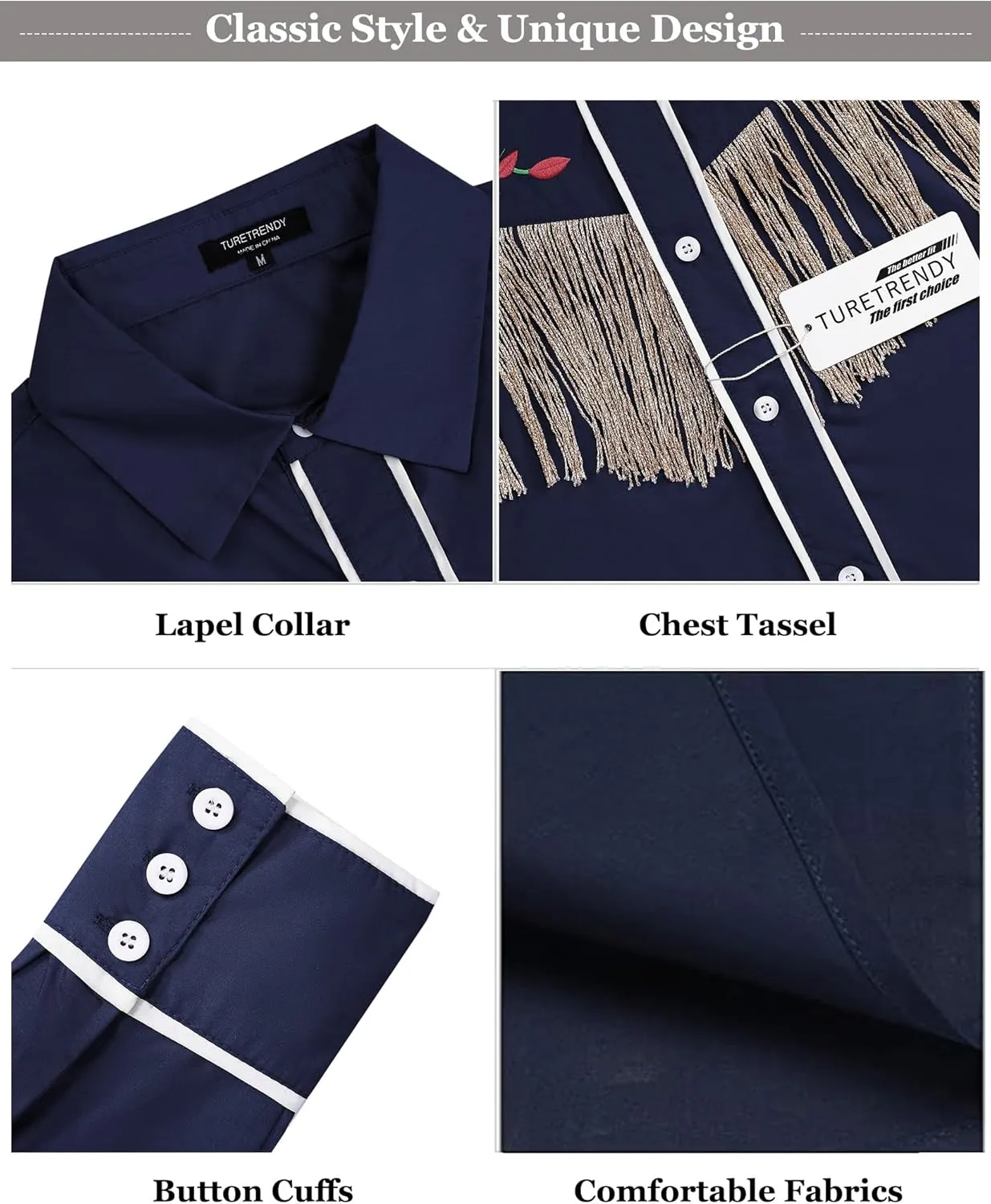 TURETRENDY Men's Western Cowboy Fringe Shirts Long Sleeve Embroidered Slim Fit Casual Button Down Shirts