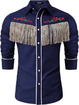 TURETRENDY Men's Western Cowboy Fringe Shirts Long Sleeve Embroidered Slim Fit Casual Button Down Shirts