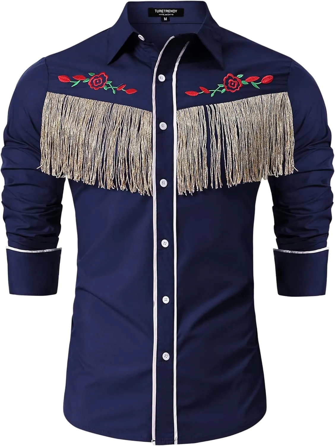 TURETRENDY Men's Western Cowboy Fringe Shirts Long Sleeve Embroidered Slim Fit Casual Button Down Shirts