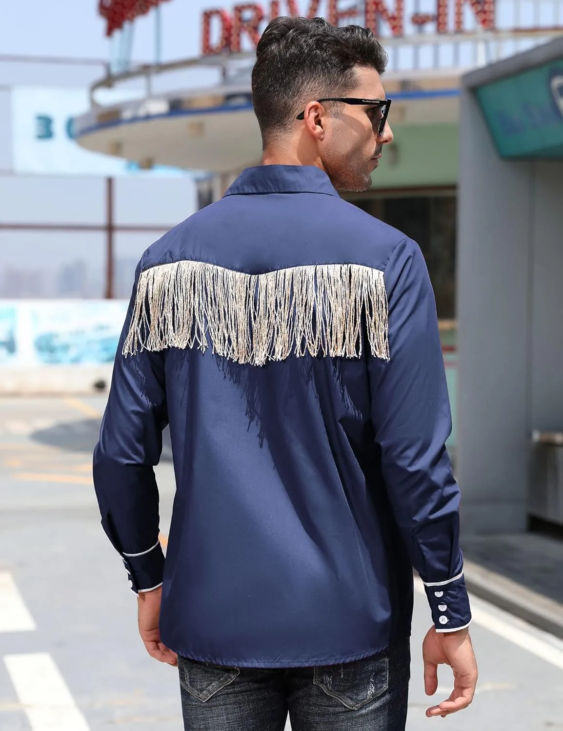TURETRENDY Men's Western Cowboy Fringe Shirts Long Sleeve Embroidered Slim Fit Casual Button Down Shirts