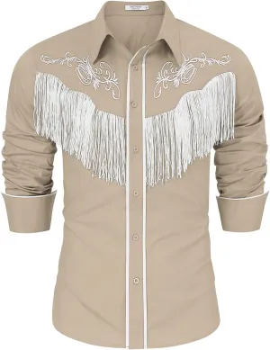 TURETRENDY Men's Western Cowboy Fringe Shirts Long Sleeve Embroidered Slim Fit Casual Button Down Shirts