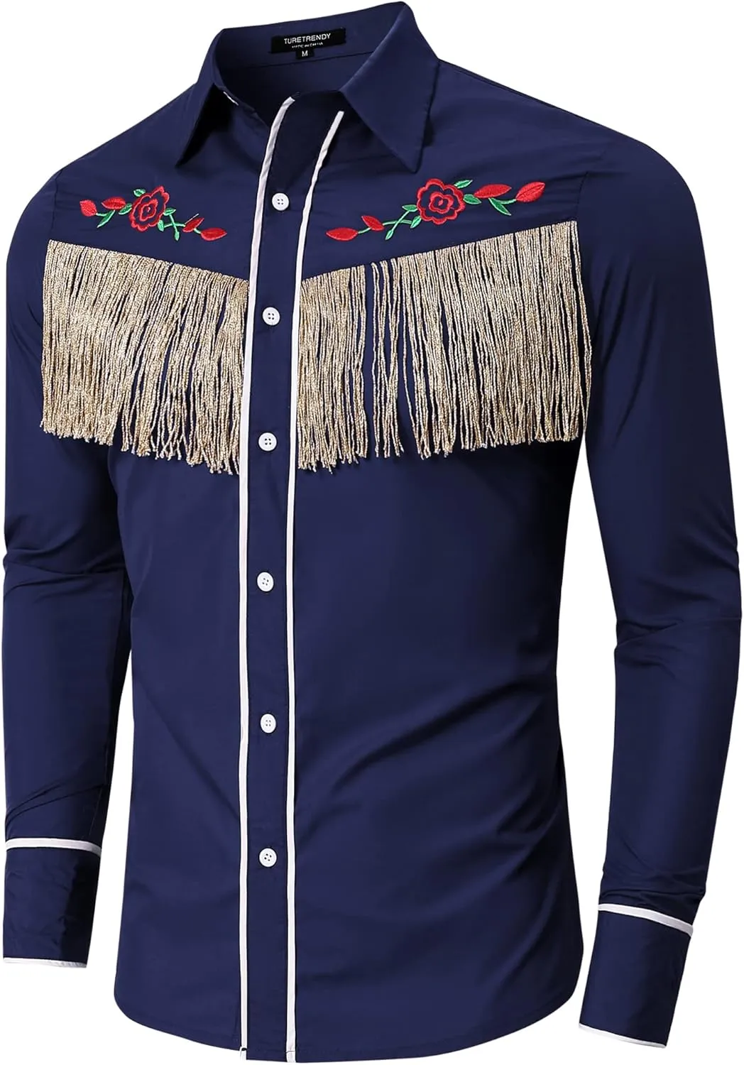 TURETRENDY Men's Western Cowboy Fringe Shirts Long Sleeve Embroidered Slim Fit Casual Button Down Shirts
