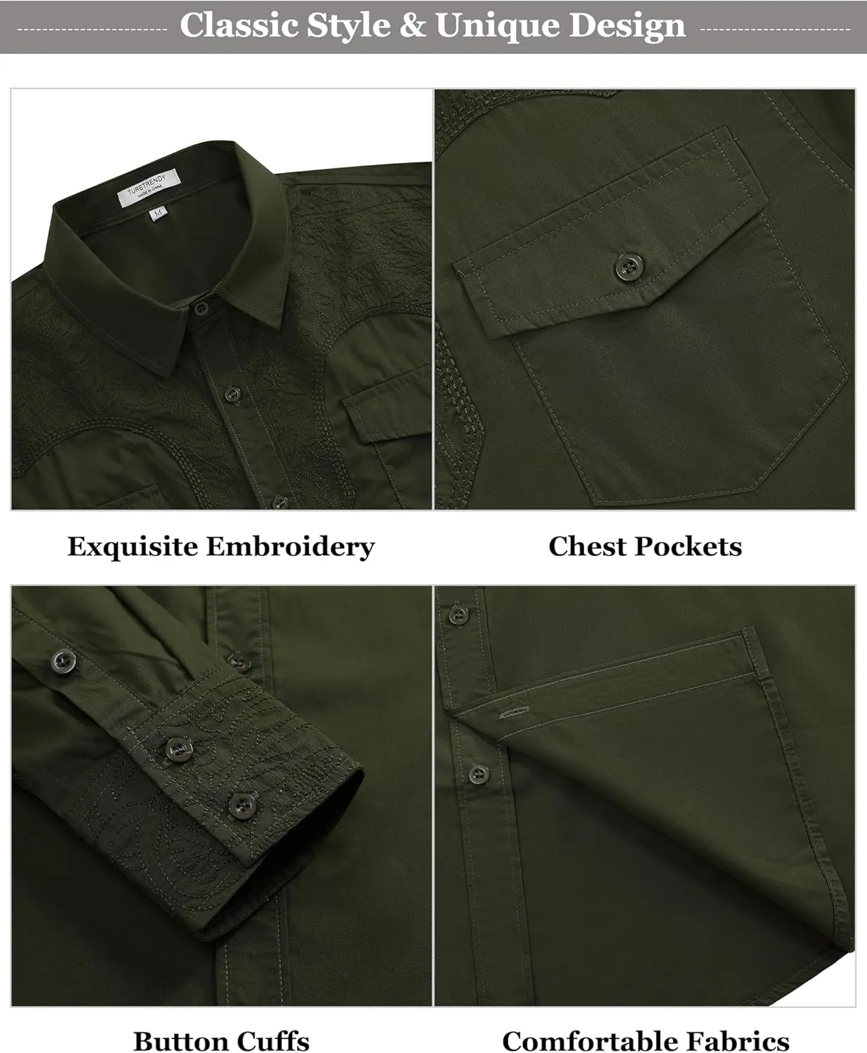 TURETRENDY Men's Western Cowboy Shirt Long Sleeve Cotton Embroidered Casual Button Down Work Shirt with Pockets