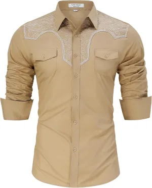 TURETRENDY Men's Western Cowboy Shirt Long Sleeve Cotton Embroidered Casual Button Down Work Shirt with Pockets