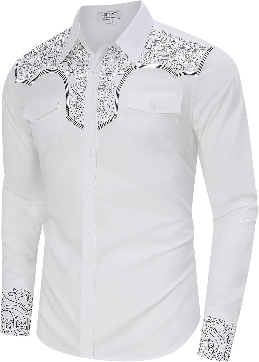 TURETRENDY Men's Western Cowboy Shirt Long Sleeve Cotton Embroidered Casual Button Down Work Shirt with Pockets