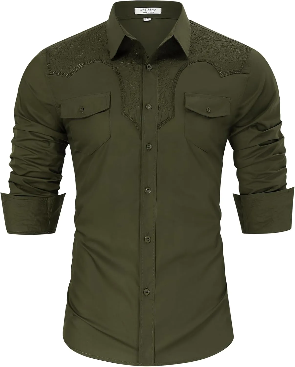 TURETRENDY Men's Western Cowboy Shirt Long Sleeve Cotton Embroidered Casual Button Down Work Shirt with Pockets