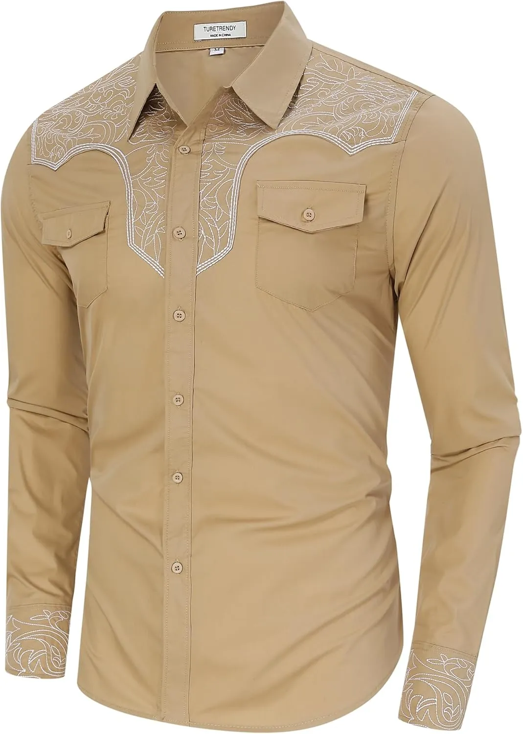 TURETRENDY Men's Western Cowboy Shirt Long Sleeve Cotton Embroidered Casual Button Down Work Shirt with Pockets