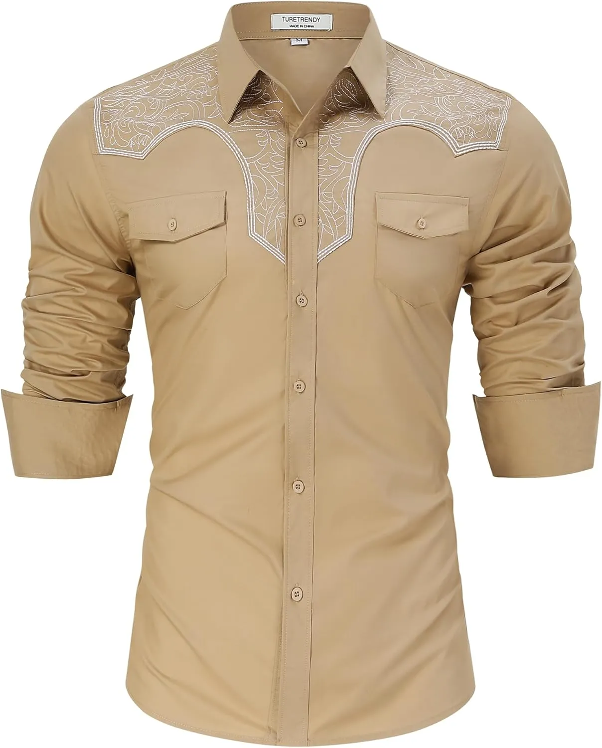 TURETRENDY Men's Western Cowboy Shirt Long Sleeve Cotton Embroidered Casual Button Down Work Shirt with Pockets