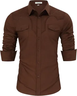 TURETRENDY Men's Western Cowboy Shirt Long Sleeve Cotton Embroidered Casual Button Down Work Shirt with Pockets