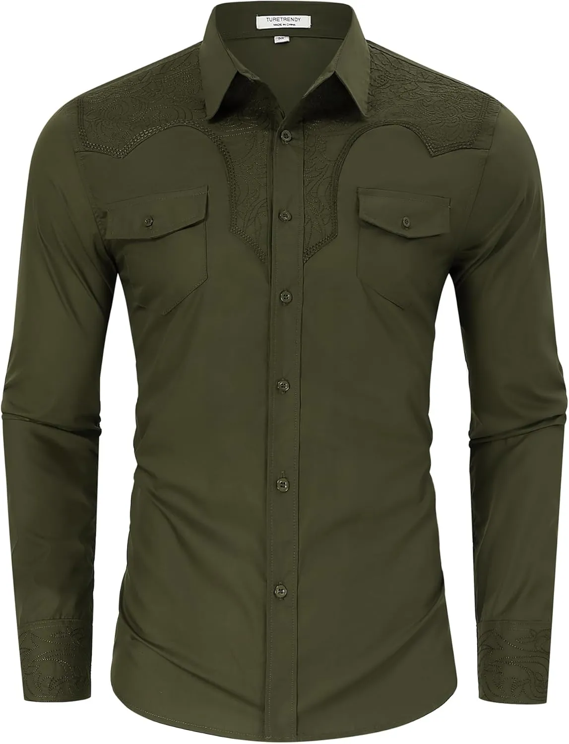 TURETRENDY Men's Western Cowboy Shirt Long Sleeve Cotton Embroidered Casual Button Down Work Shirt with Pockets