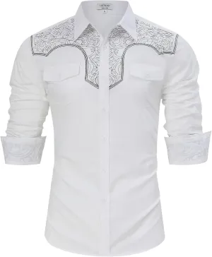 TURETRENDY Men's Western Cowboy Shirt Long Sleeve Cotton Embroidered Casual Button Down Work Shirt with Pockets