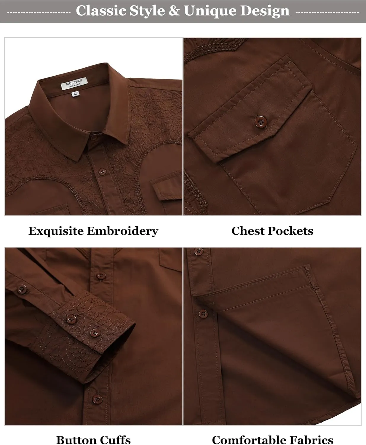 TURETRENDY Men's Western Cowboy Shirt Long Sleeve Cotton Embroidered Casual Button Down Work Shirt with Pockets