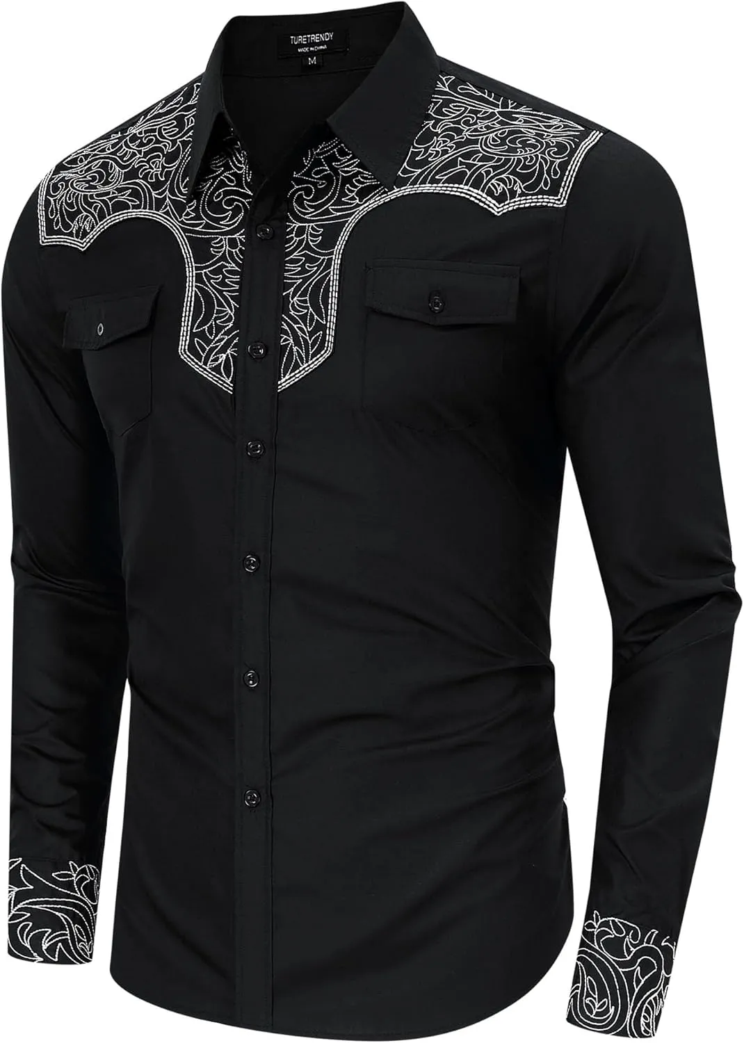 TURETRENDY Men's Western Cowboy Shirt Long Sleeve Cotton Embroidered Casual Button Down Work Shirt with Pockets