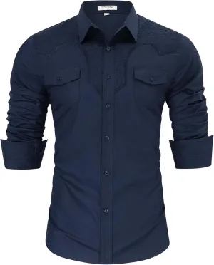 TURETRENDY Men's Western Cowboy Shirt Long Sleeve Cotton Embroidered Casual Button Down Work Shirt with Pockets