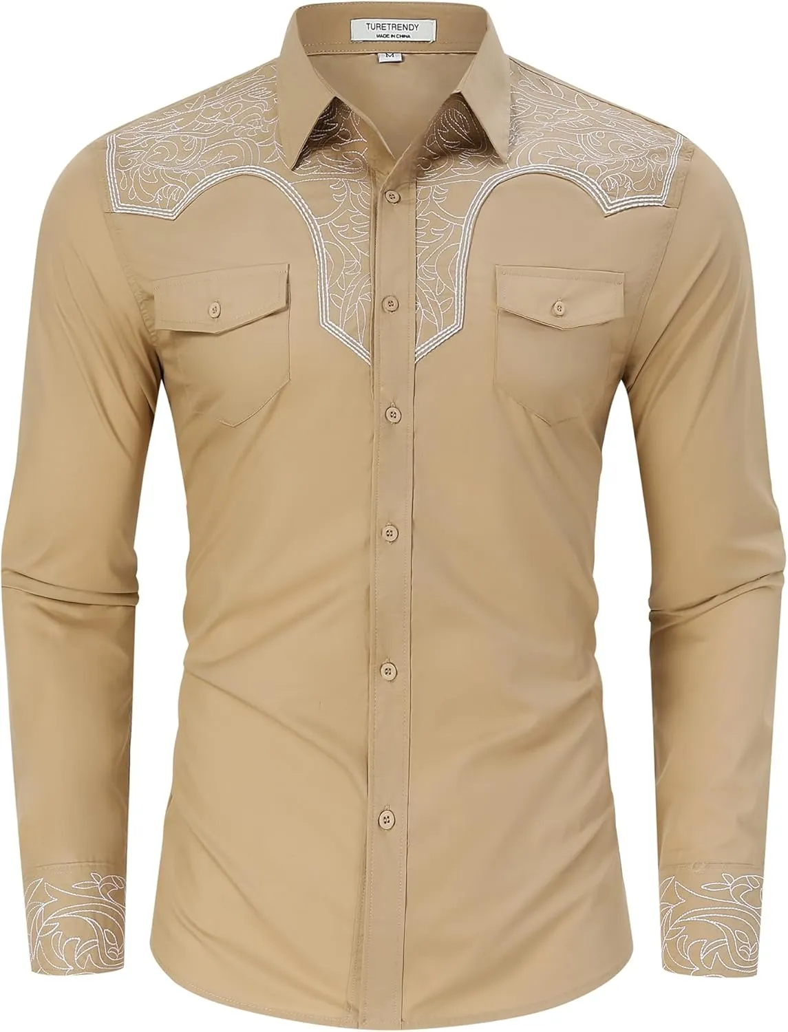 TURETRENDY Men's Western Cowboy Shirt Long Sleeve Cotton Embroidered Casual Button Down Work Shirt with Pockets