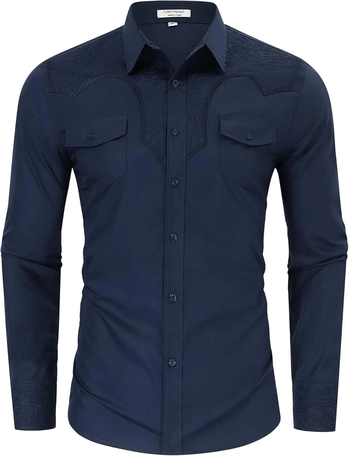 TURETRENDY Men's Western Cowboy Shirt Long Sleeve Cotton Embroidered Casual Button Down Work Shirt with Pockets