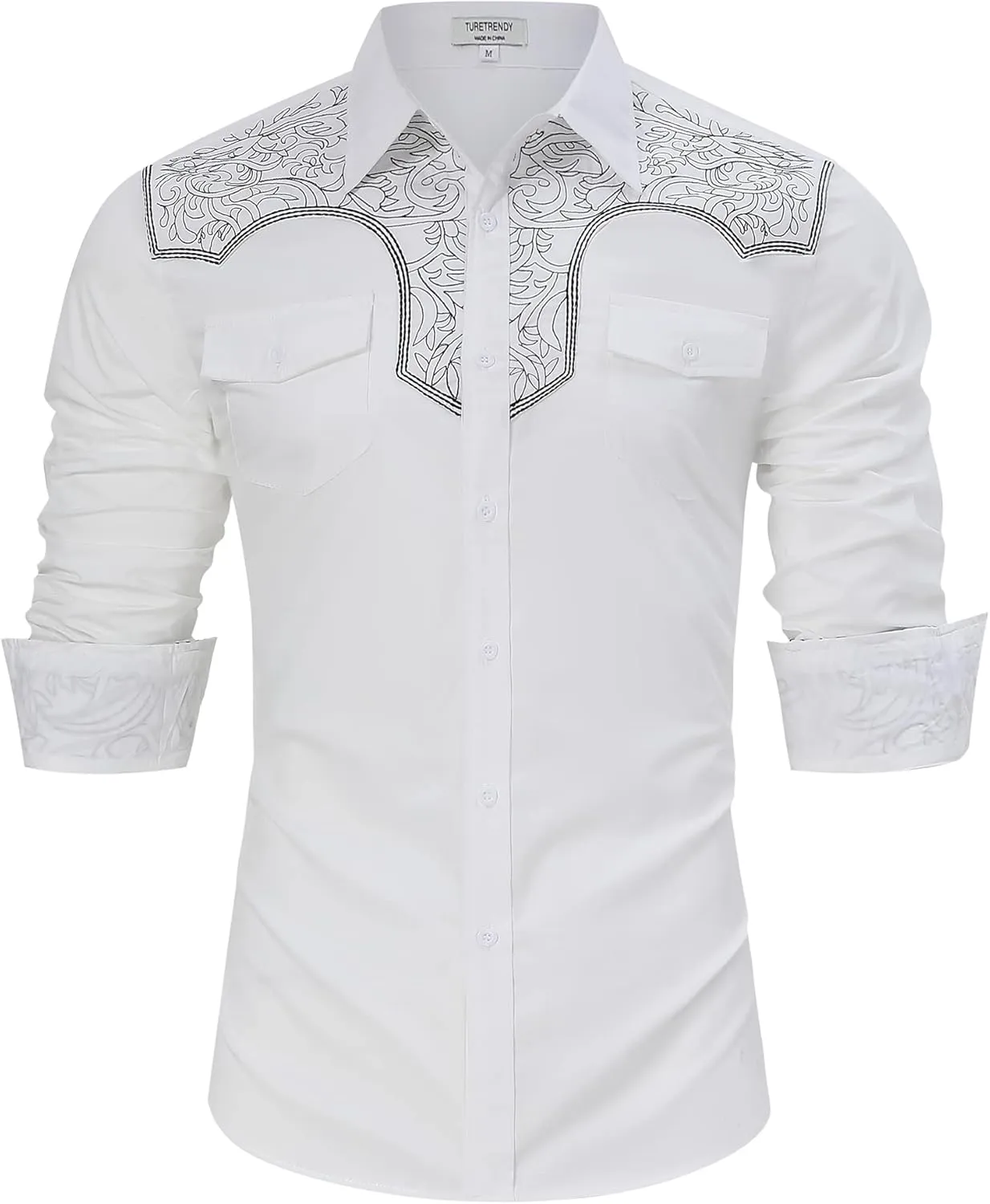TURETRENDY Men's Western Cowboy Shirt Long Sleeve Cotton Embroidered Casual Button Down Work Shirt with Pockets