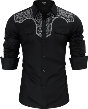 TURETRENDY Men's Western Cowboy Shirt Long Sleeve Cotton Embroidered Casual Button Down Work Shirt with Pockets