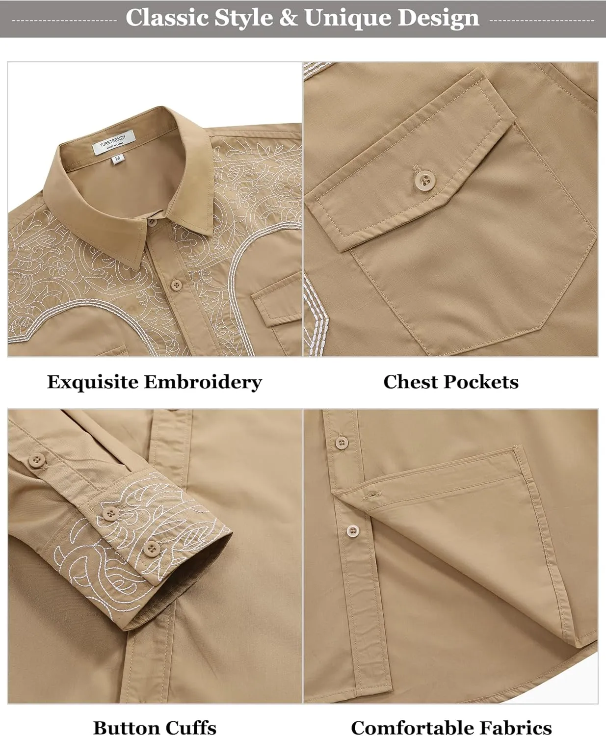 TURETRENDY Men's Western Cowboy Shirt Long Sleeve Cotton Embroidered Casual Button Down Work Shirt with Pockets