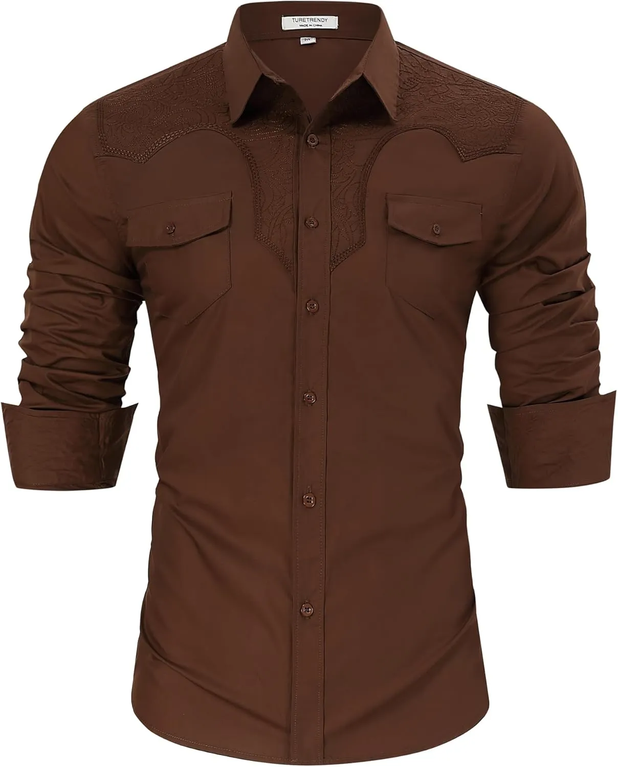 TURETRENDY Men's Western Cowboy Shirt Long Sleeve Cotton Embroidered Casual Button Down Work Shirt with Pockets