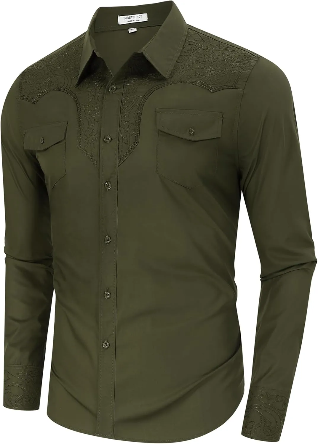 TURETRENDY Men's Western Cowboy Shirt Long Sleeve Cotton Embroidered Casual Button Down Work Shirt with Pockets