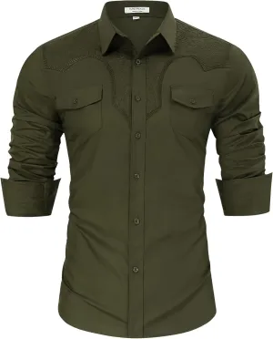 TURETRENDY Men's Western Cowboy Shirt Long Sleeve Cotton Embroidered Casual Button Down Work Shirt with Pockets