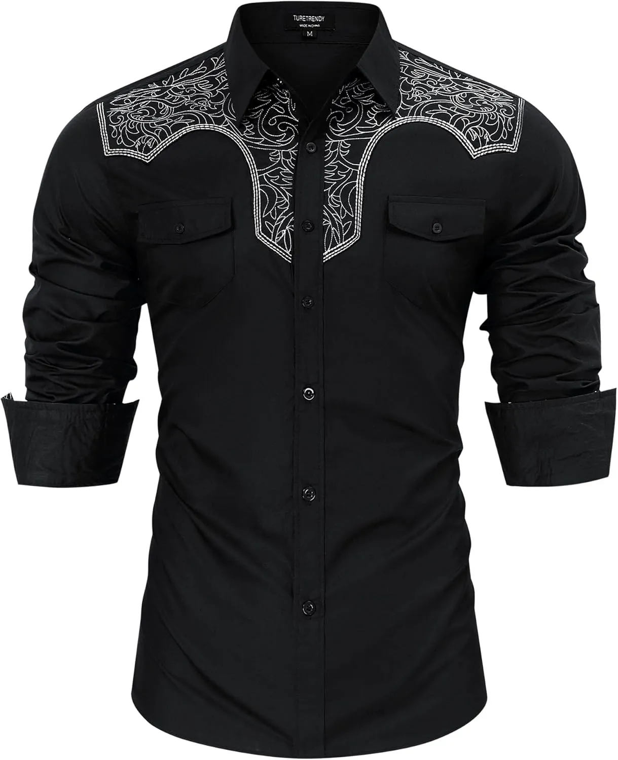 TURETRENDY Men's Western Cowboy Shirt Long Sleeve Cotton Embroidered Casual Button Down Work Shirt with Pockets