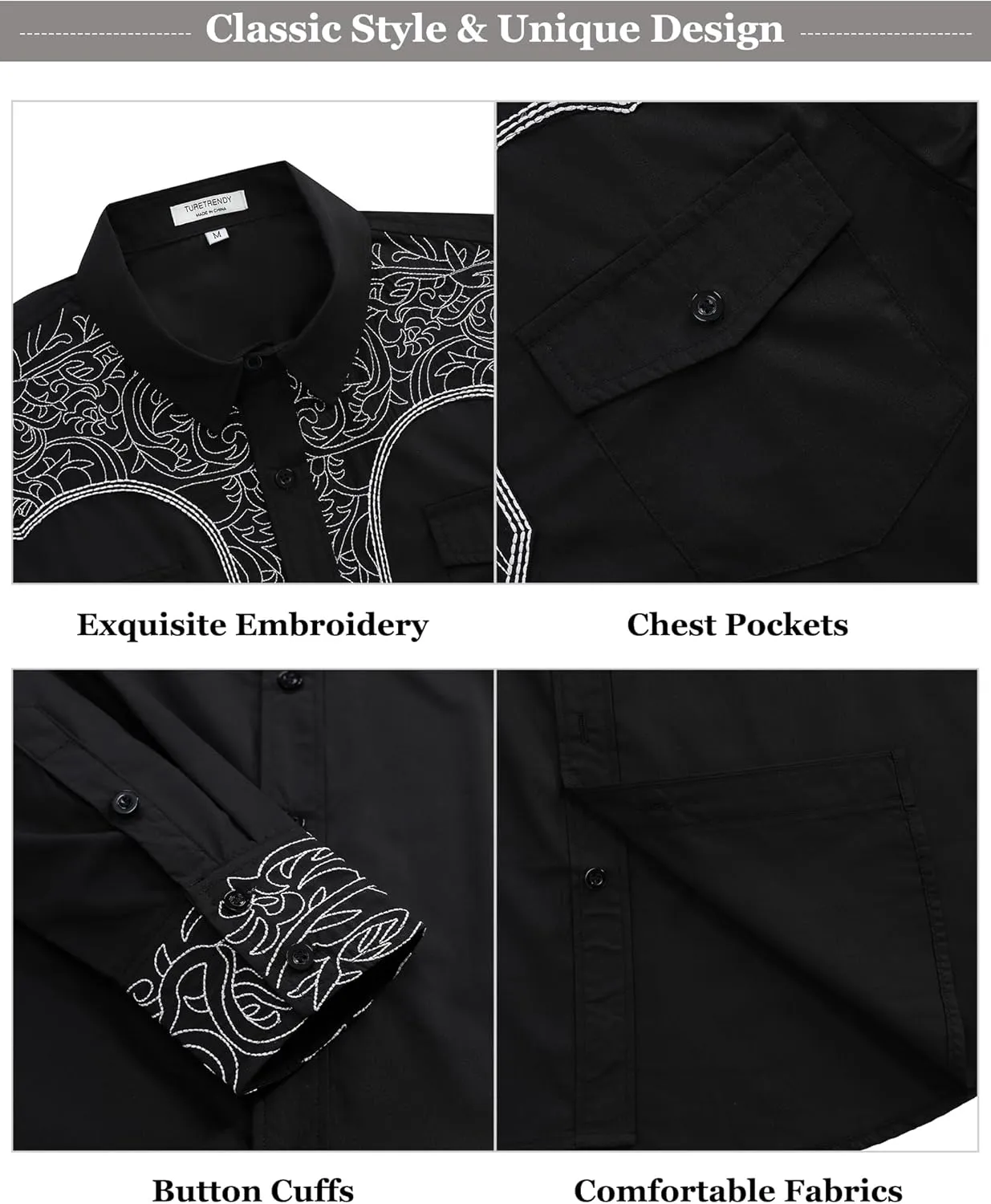 TURETRENDY Men's Western Cowboy Shirt Long Sleeve Cotton Embroidered Casual Button Down Work Shirt with Pockets