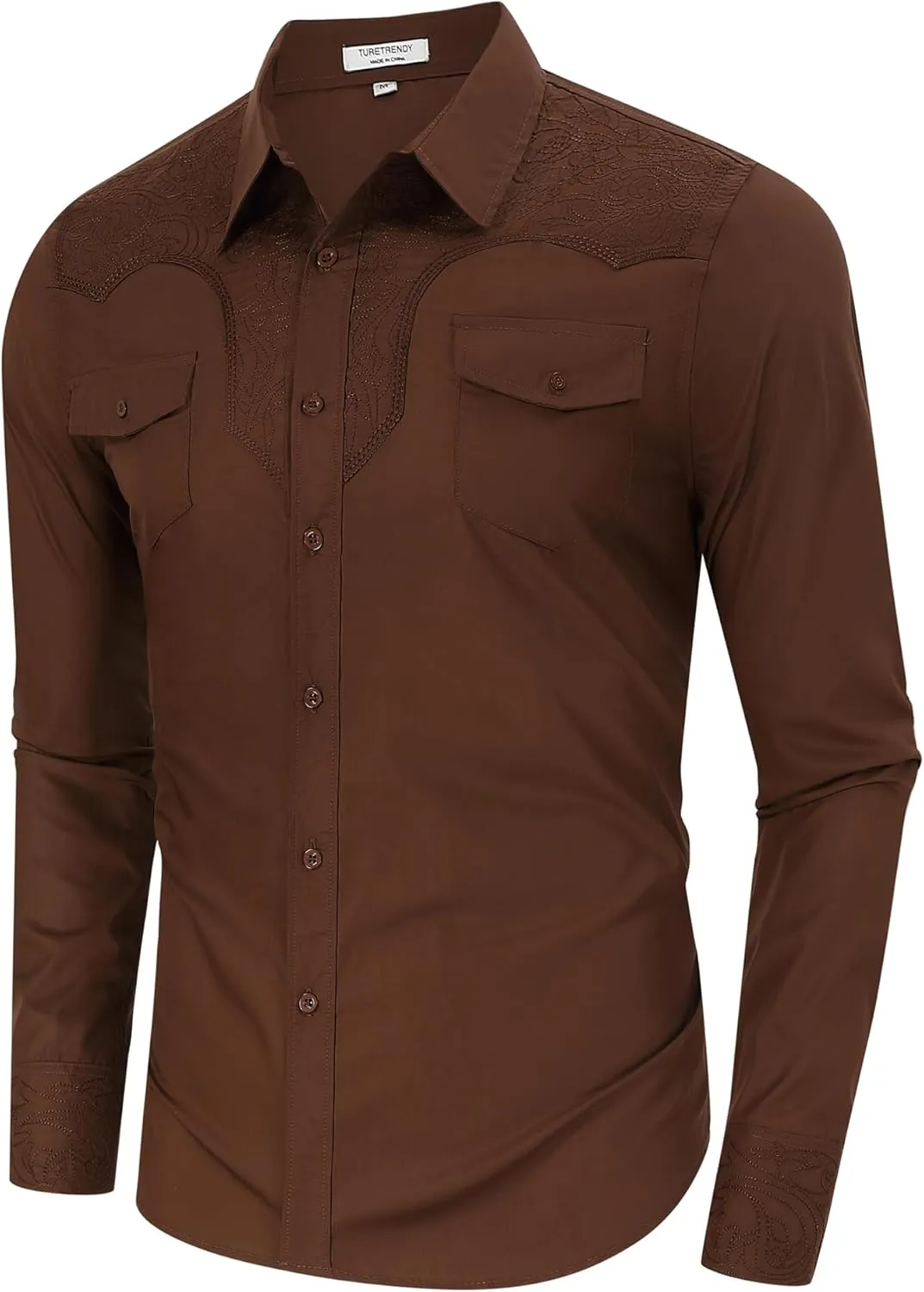 TURETRENDY Men's Western Cowboy Shirt Long Sleeve Cotton Embroidered Casual Button Down Work Shirt with Pockets