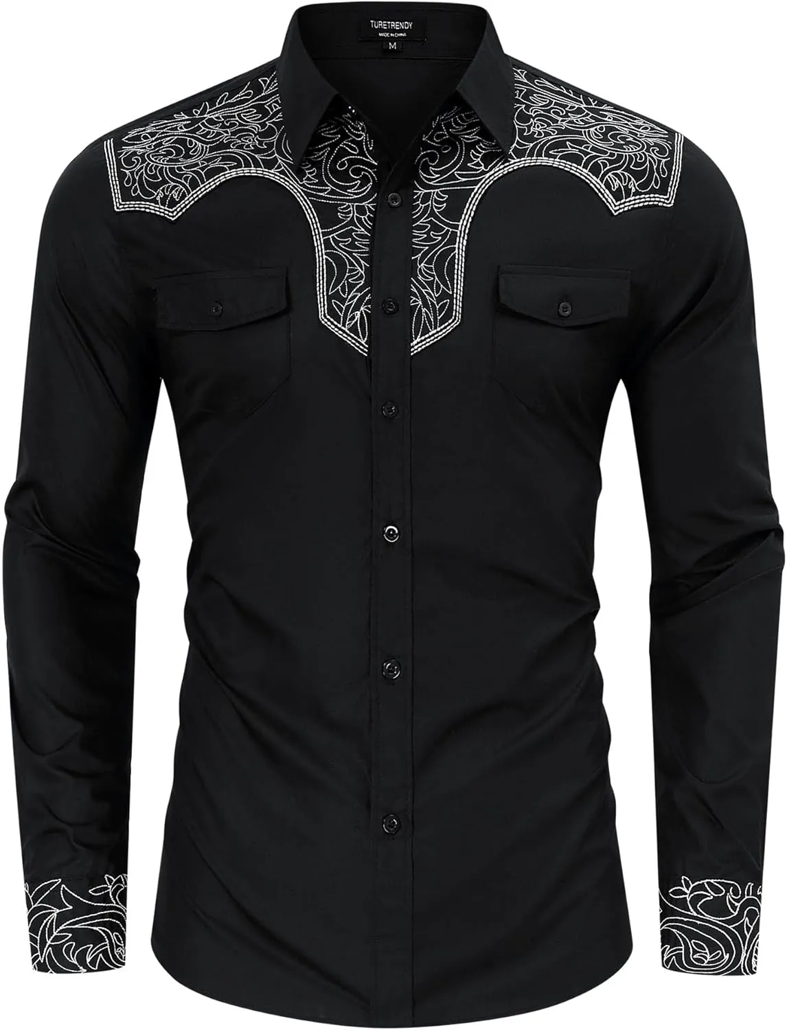 TURETRENDY Men's Western Cowboy Shirt Long Sleeve Cotton Embroidered Casual Button Down Work Shirt with Pockets