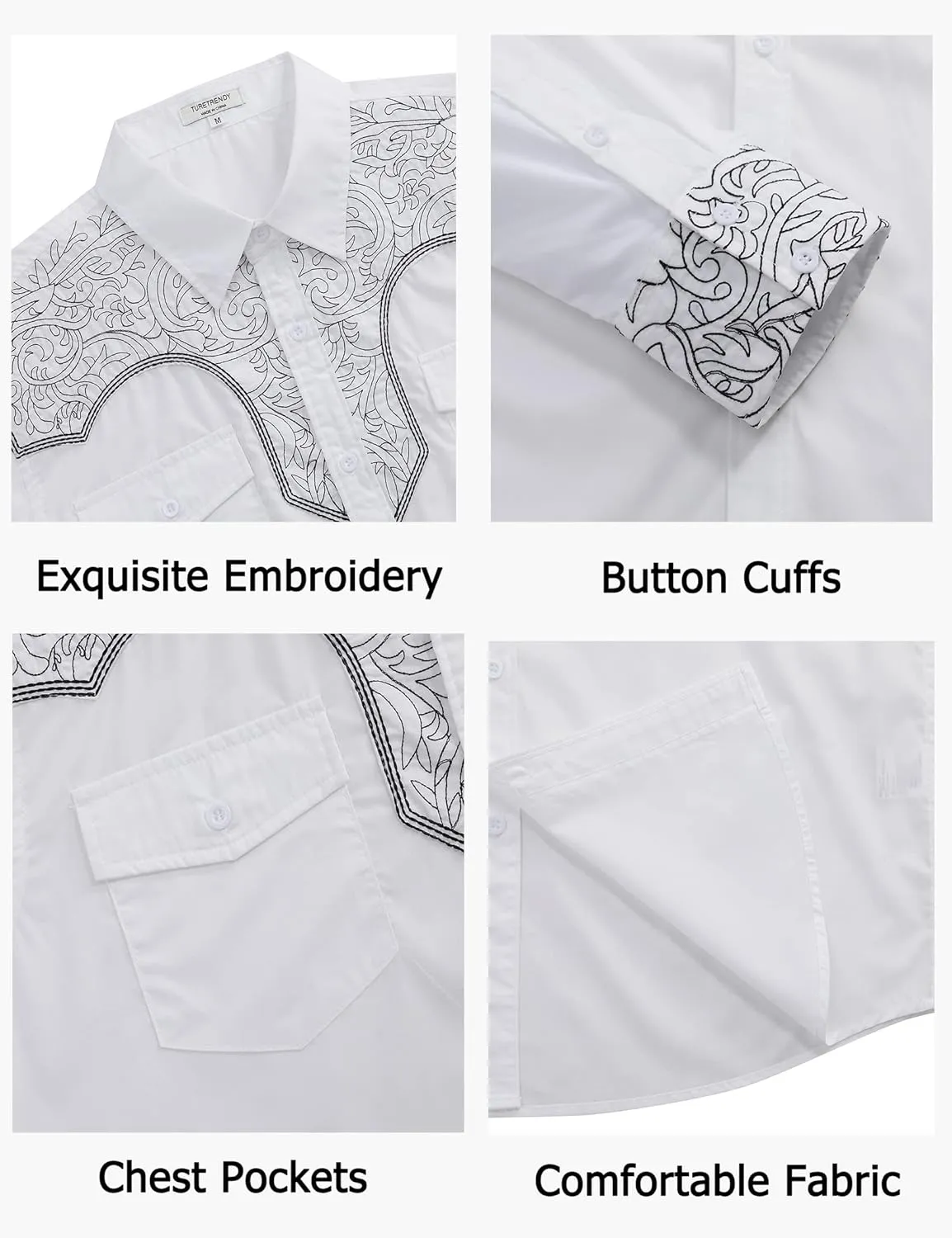 TURETRENDY Men's Western Cowboy Shirt Long Sleeve Cotton Embroidered Casual Button Down Work Shirt with Pockets
