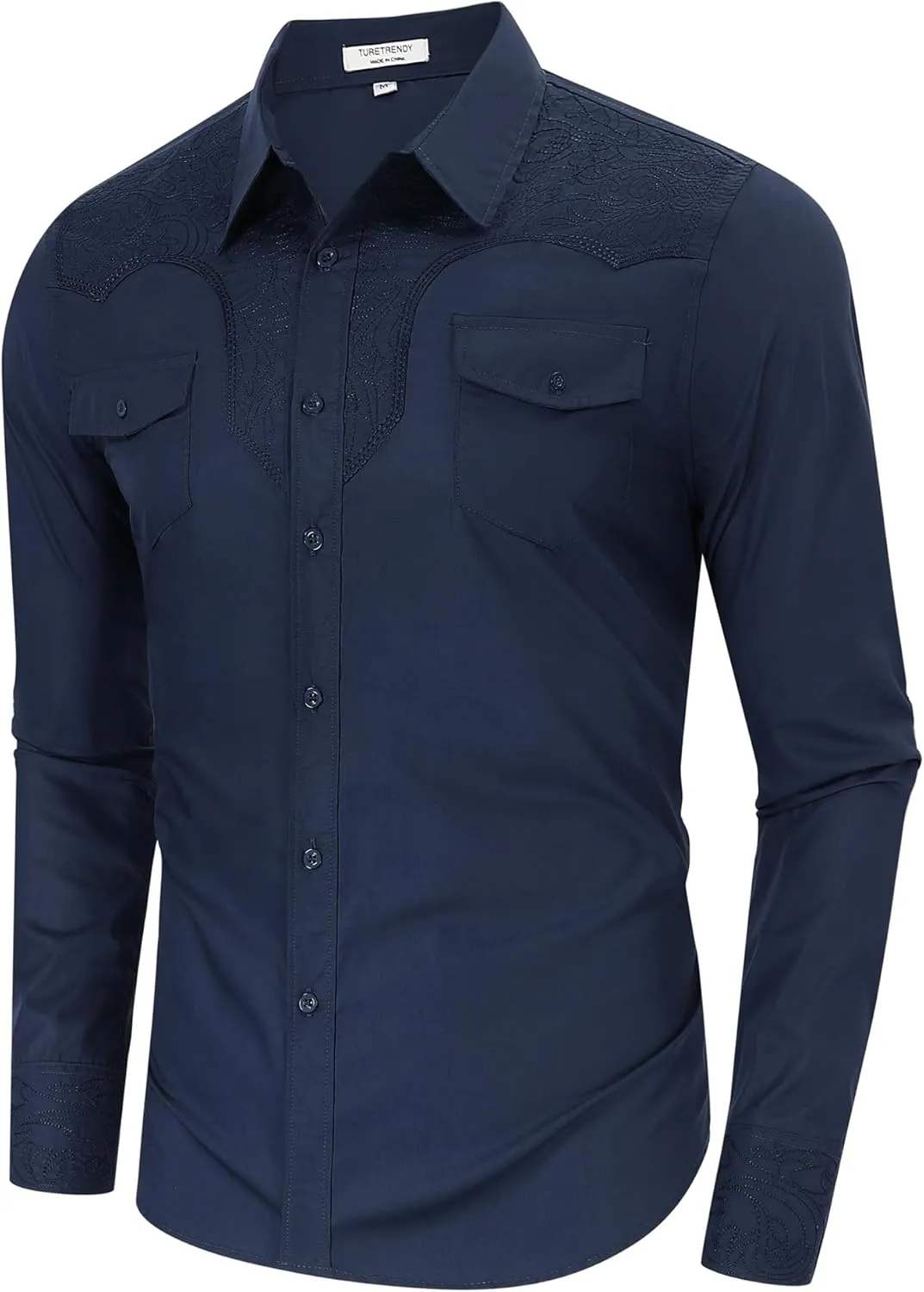 TURETRENDY Men's Western Cowboy Shirt Long Sleeve Cotton Embroidered Casual Button Down Work Shirt with Pockets
