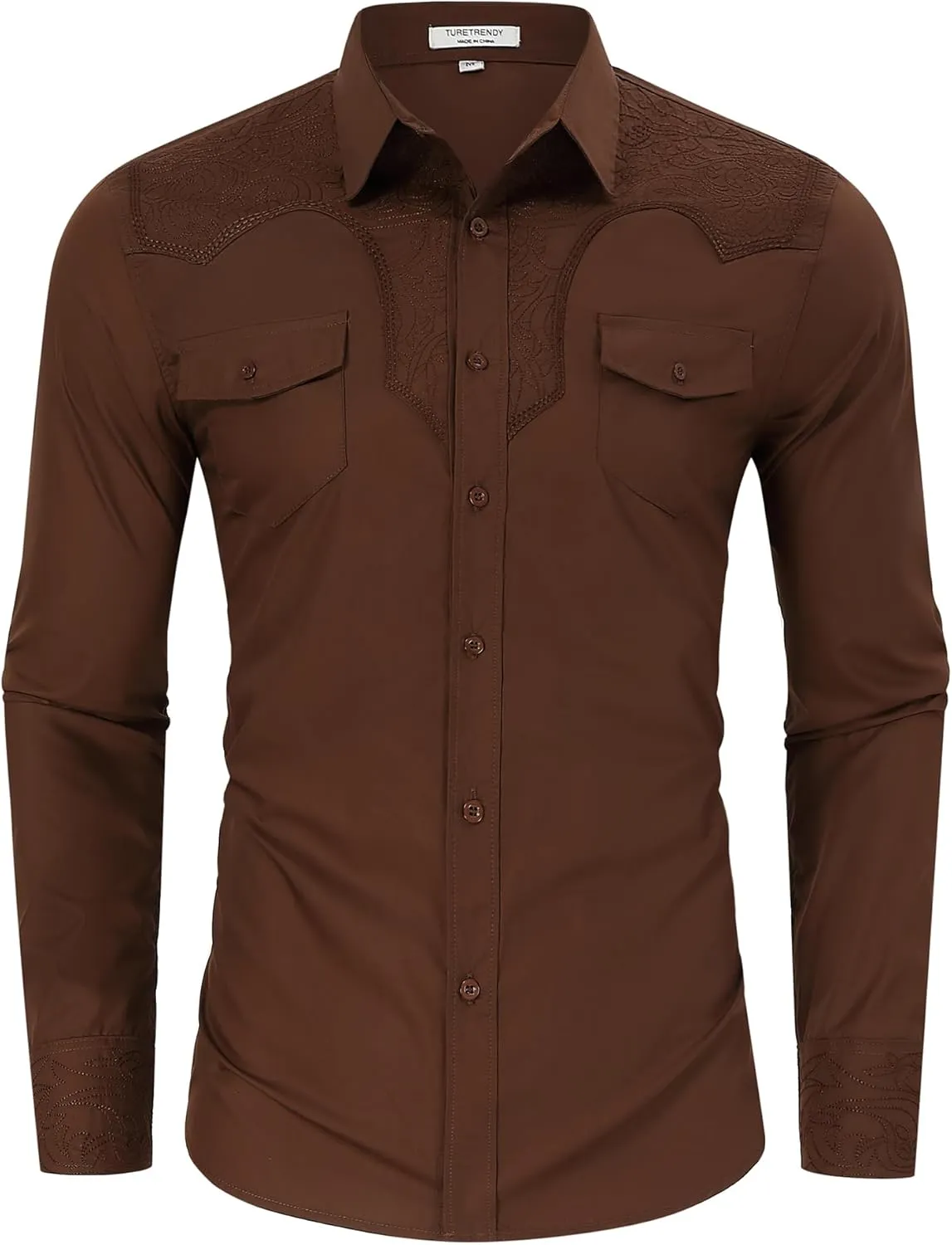 TURETRENDY Men's Western Cowboy Shirt Long Sleeve Cotton Embroidered Casual Button Down Work Shirt with Pockets