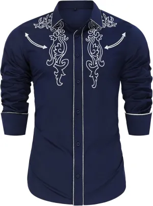 TURETRENDY Men's Western Embroidered Long Sleeve Cowboy Button Down Shirt