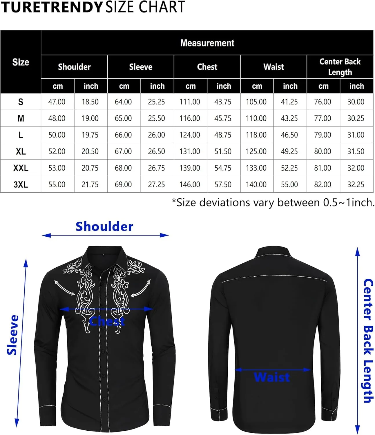 TURETRENDY Men's Western Embroidered Long Sleeve Cowboy Button Down Shirt