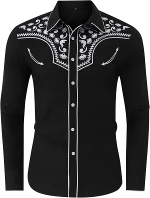 TURETRENDY Men's Western Embroidered Long Sleeve Cowboy Button Down Shirt
