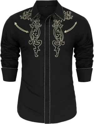 TURETRENDY Men's Western Embroidered Long Sleeve Cowboy Button Down Shirt