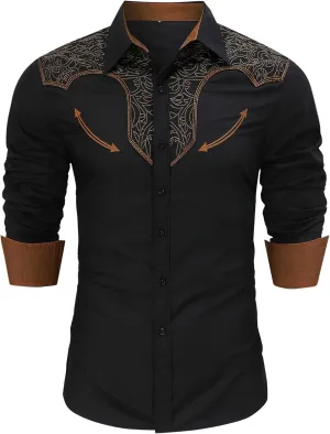 TURETRENDY Men's Western Embroidered Long Sleeve Cowboy Button Down Shirt