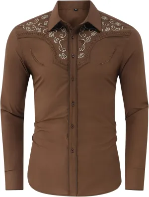 TURETRENDY Men's Western Embroidered Long Sleeve Cowboy Button Down Shirt
