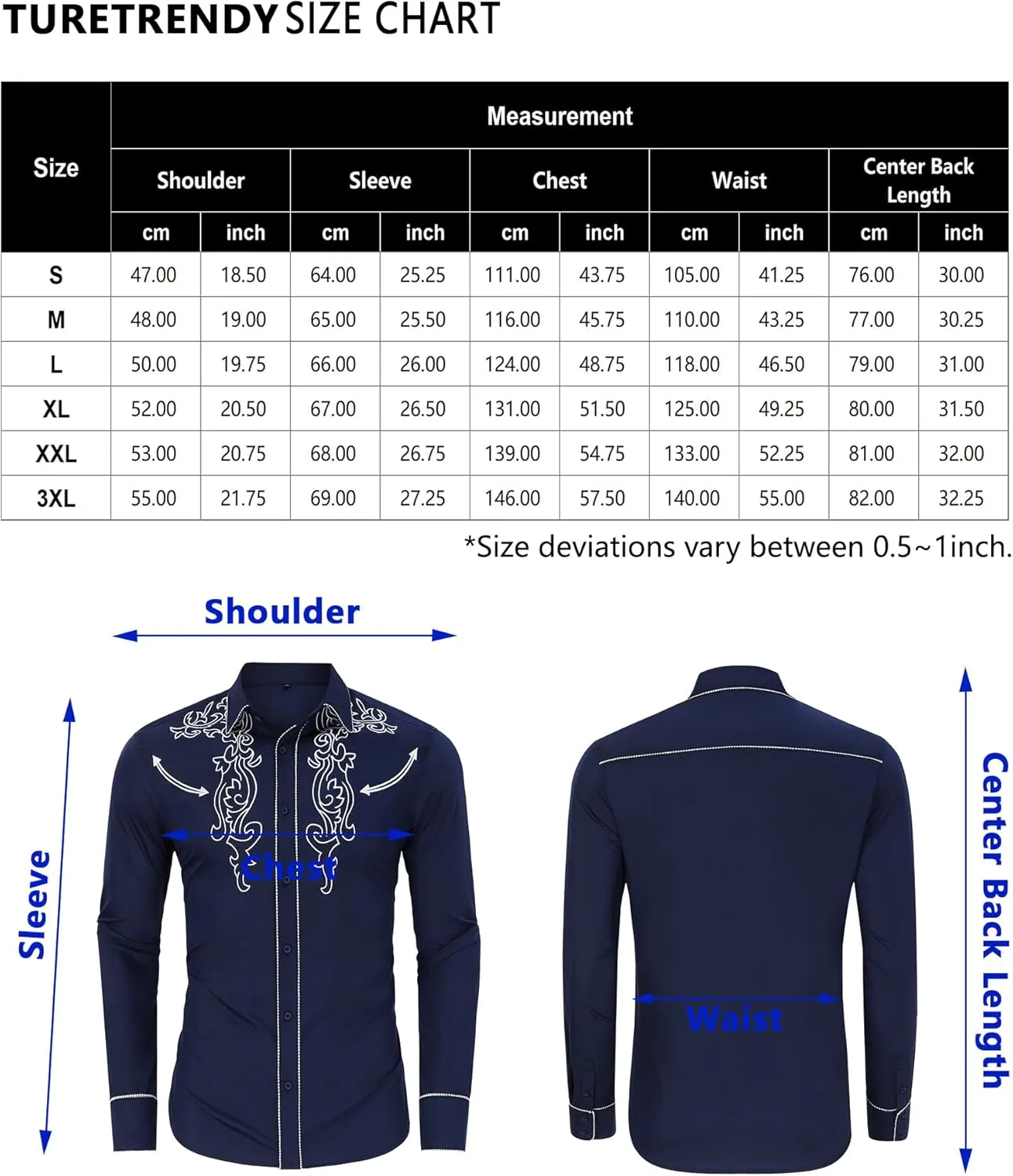 TURETRENDY Men's Western Embroidered Long Sleeve Cowboy Button Down Shirt