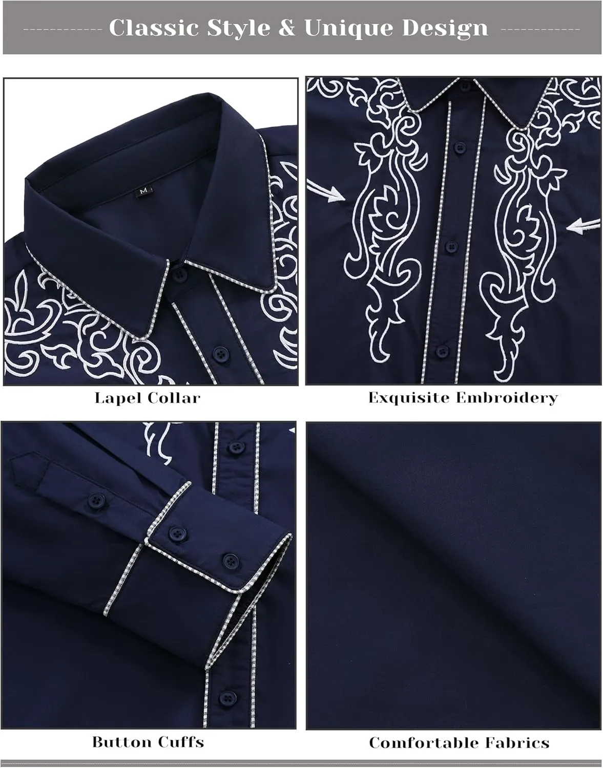 TURETRENDY Men's Western Embroidered Long Sleeve Cowboy Button Down Shirt
