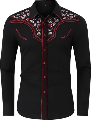 TURETRENDY Men's Western Embroidered Long Sleeve Cowboy Button Down Shirt