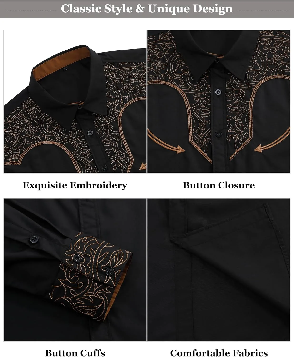 TURETRENDY Men's Western Embroidered Long Sleeve Cowboy Button Down Shirt