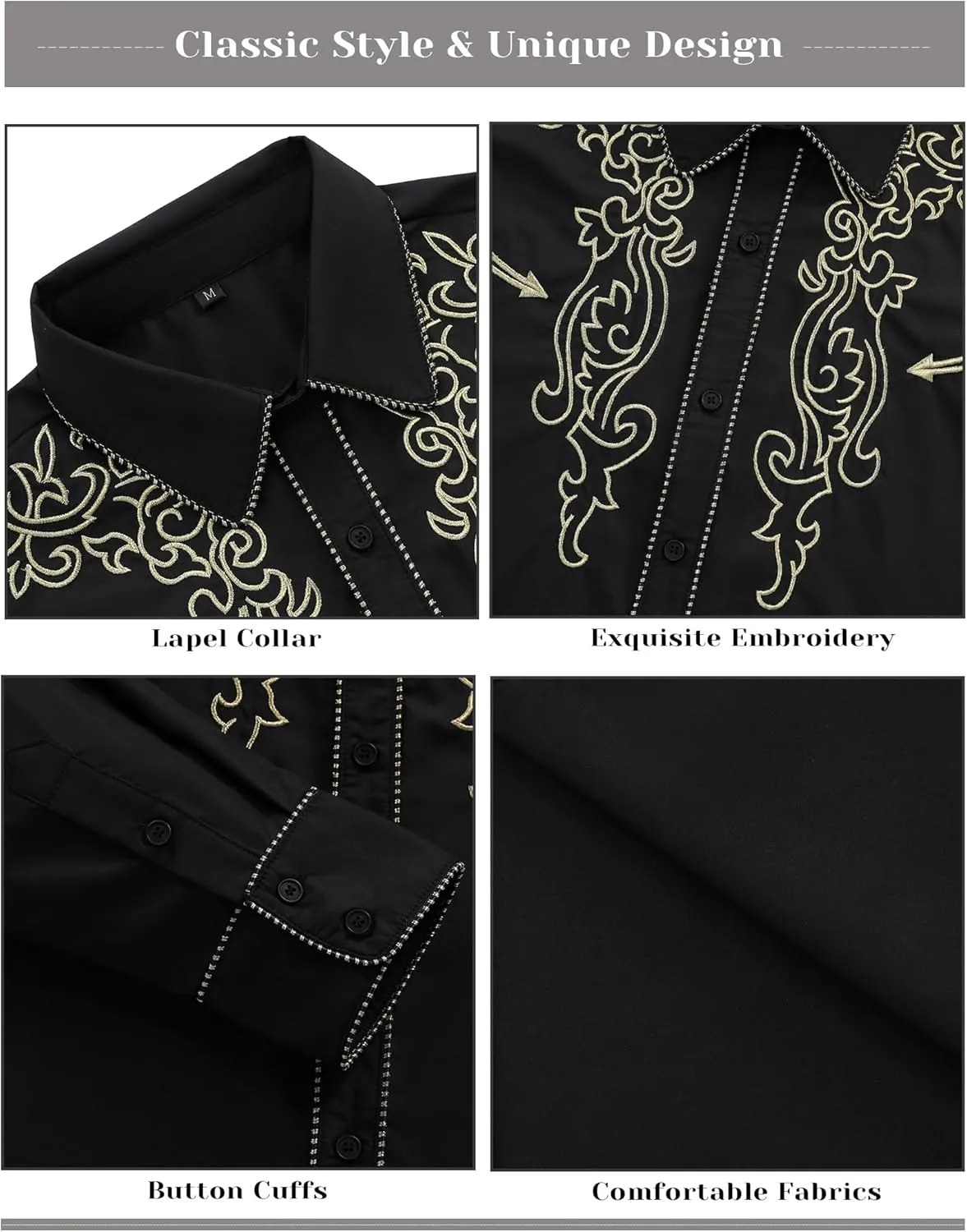 TURETRENDY Men's Western Embroidered Long Sleeve Cowboy Button Down Shirt
