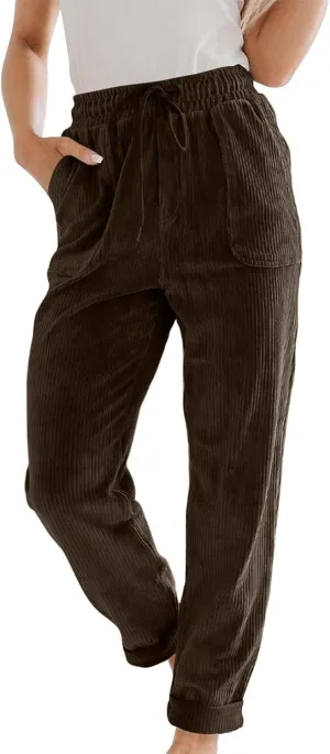 Uillui Lounge Pants for Women Elastic Waist Drawstring Corduroy Trousers Loose Fit Straight Leg Long Pants Comfort Work Pant